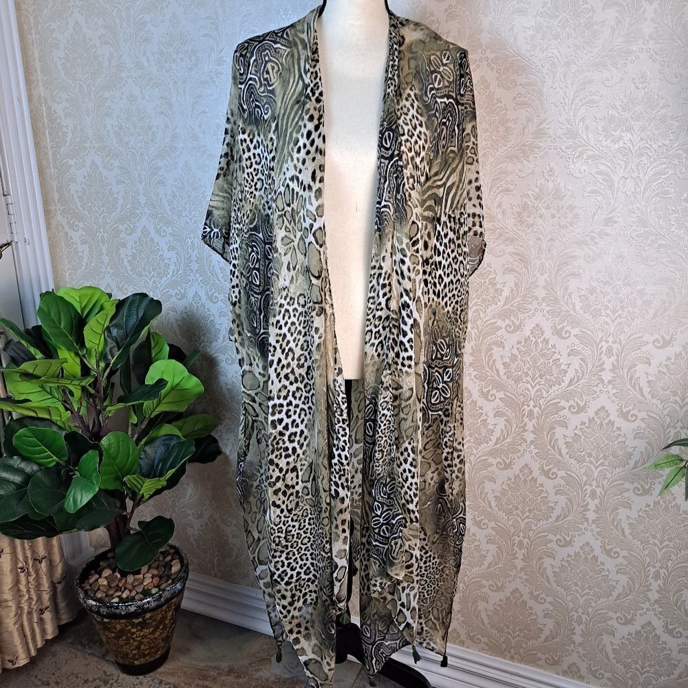 C Est 1946 Sheer Animal Print Kimono One Size Grn/Blk Tassels at the Bottom NWOT